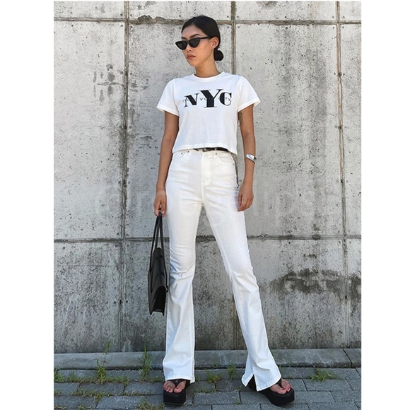 Cotton NYC Graphic Print White Crop Tee Shirt - Picture 6 of 8